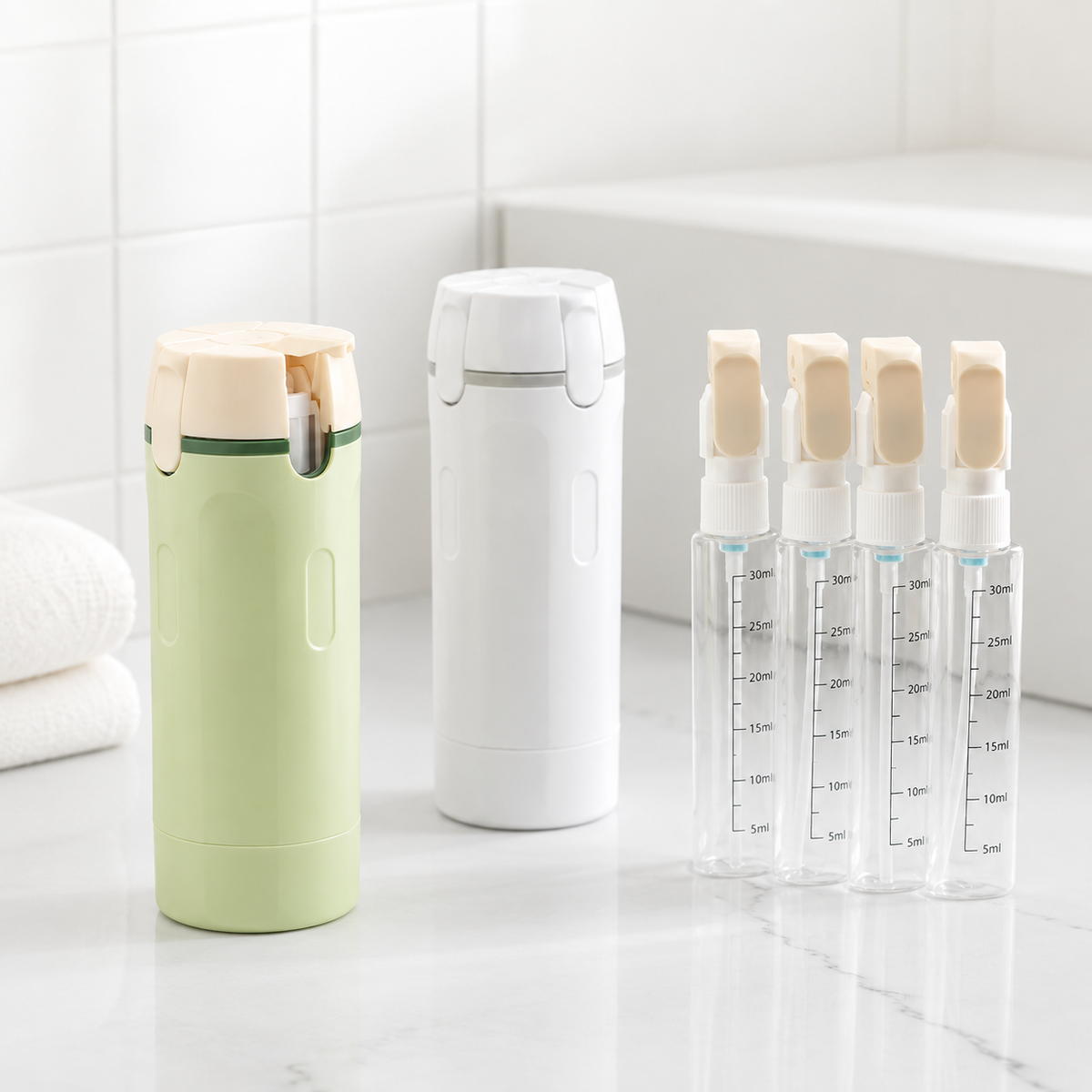 4-in-1 Refillable Travel Bottle for Shampoo, Conditioner & Lotion