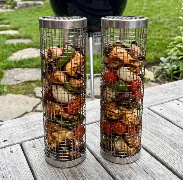 Rolling Grill Baskets with Lids – Set of 2 for Vegetables, Meat & More