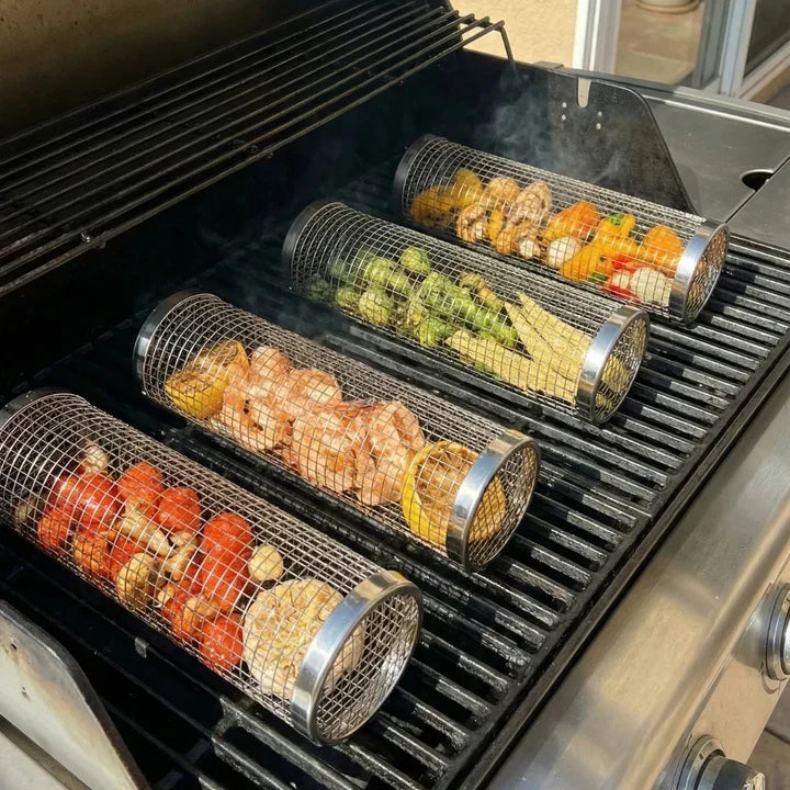 Rolling Grill Baskets with Lids – Set of 2 for Vegetables, Meat & More